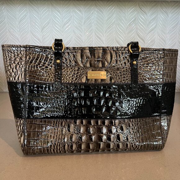 BRAHMIN Medium Asher Croco Black Gray Embossed Melbourne Leather Tote Shoulder - Picture 1 of 8